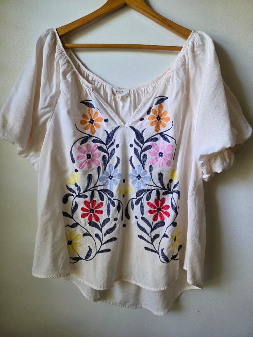 Embroidered Floral Peasant Blouse - Cream